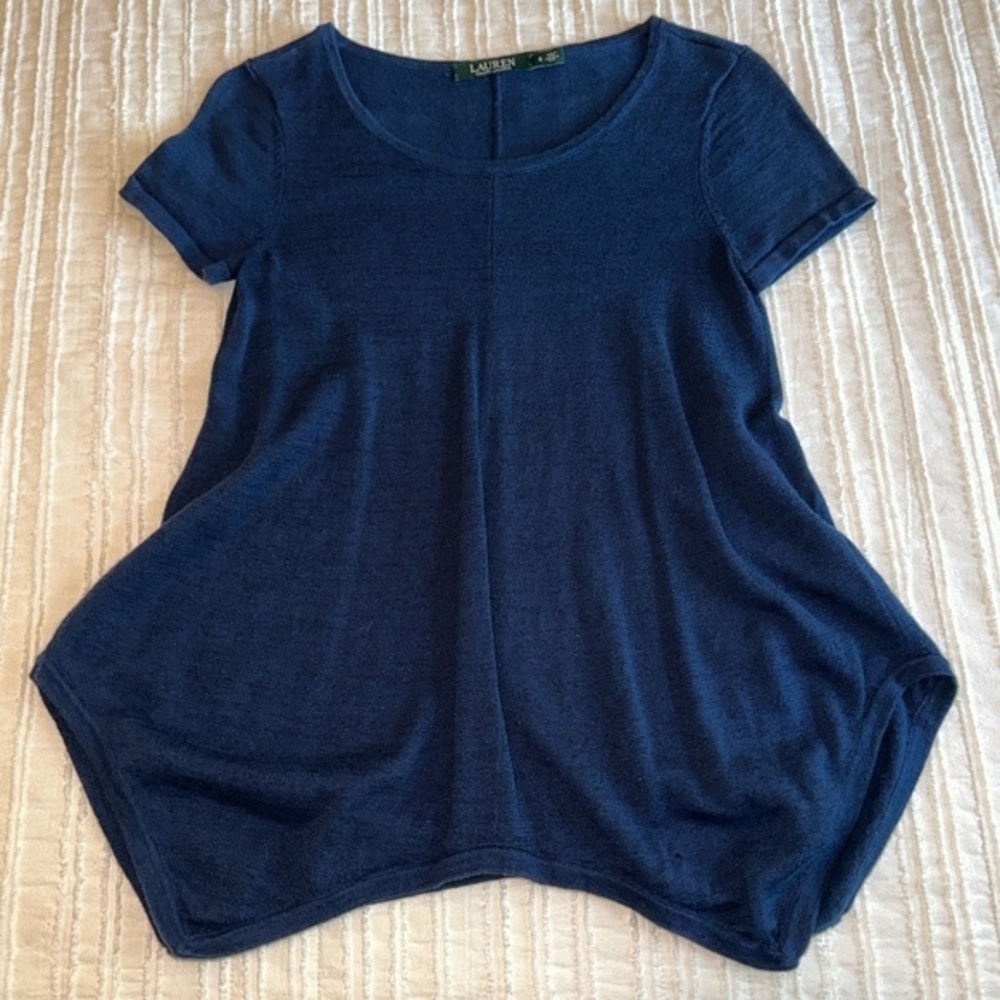 Lauren Ralph Lauren Blue Linen Blend Tunic Top Small Boho Cottagecore Navy